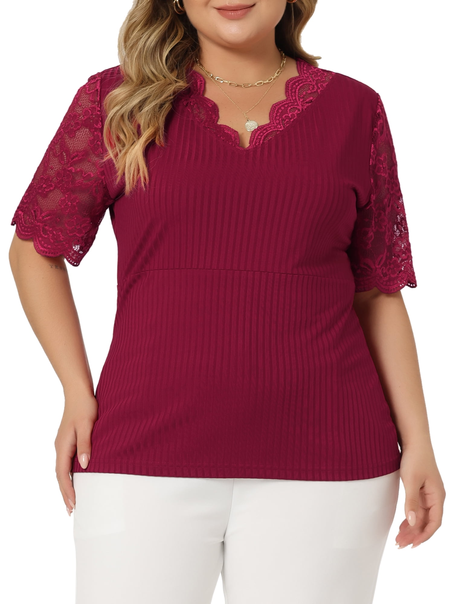 Unique Bargains Women's Plus Size Tops V Neck Elegant Lace Ribbed Knit Tunic Blouse 1X Burgundy