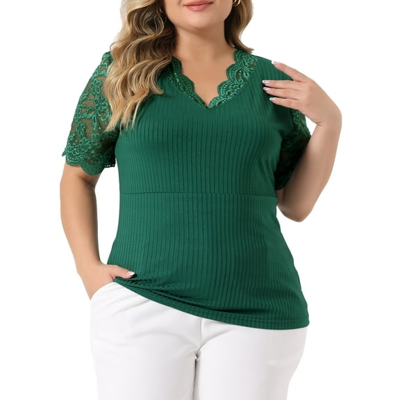 Unique Bargains Women's Plus Size Tops V Neck Elegant Lace Ribbed Knit Tunic Blouse 1X Green