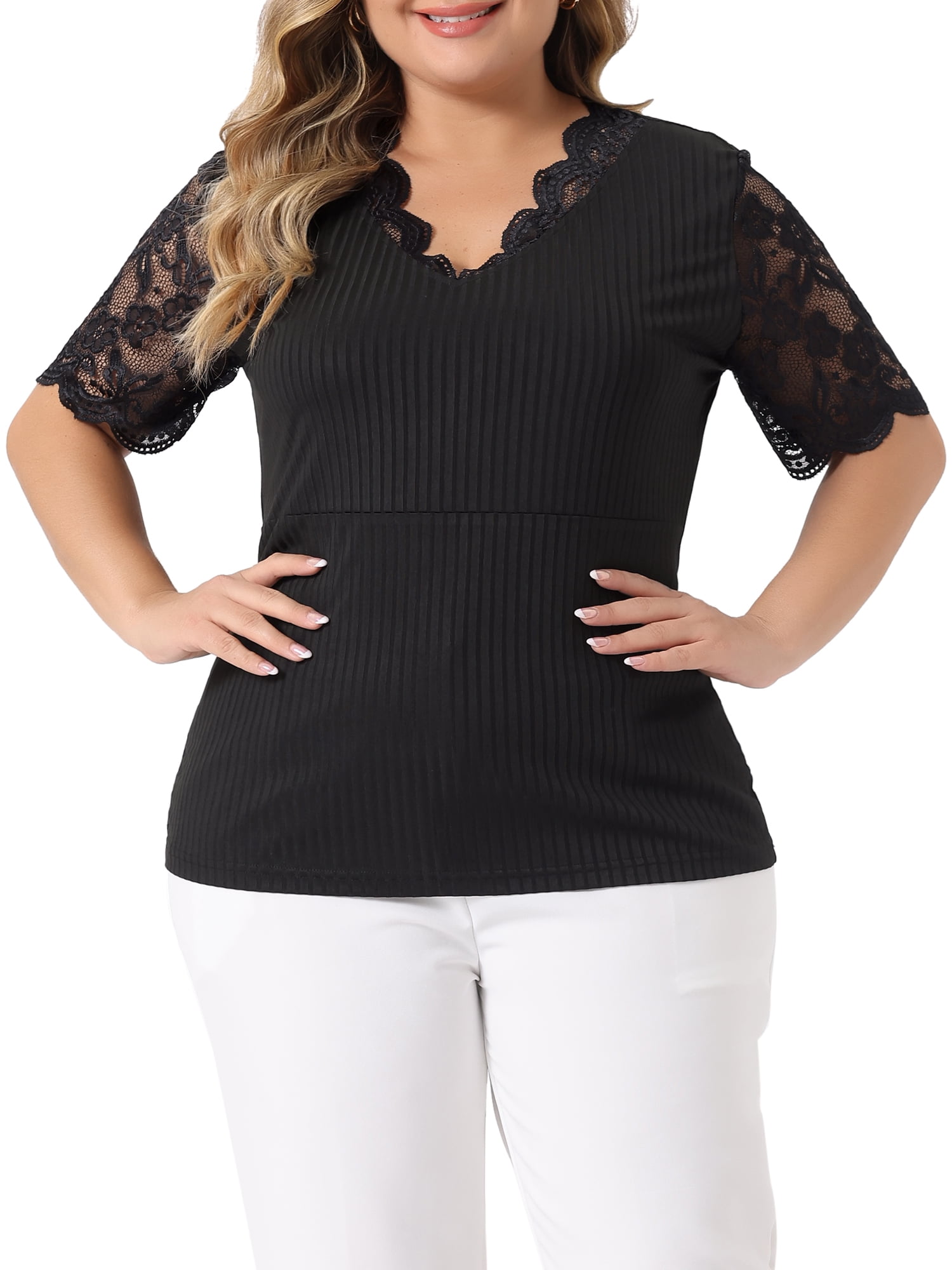 Unique Bargains Women's Plus Size Tops V Neck Elegant Lace Ribbed Knit Tunic Blouse 2X Black