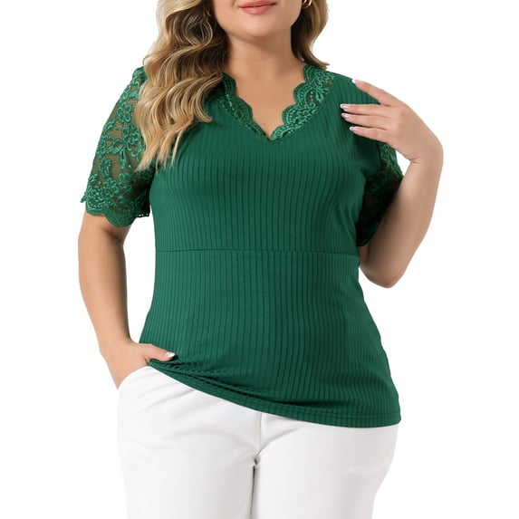 Unique Bargains Women's Plus Size Tops V Neck Elegant Lace Ribbed Knit Tunic Blouse 2X Green