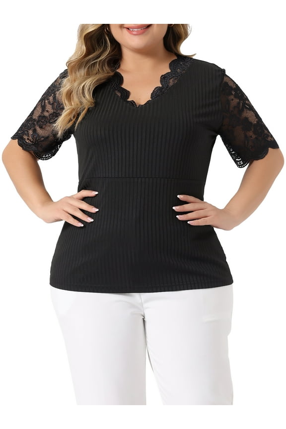 Women's Plus Size Tops V Neck Elegant Lace Ribbed Knit Tunic Blouse 3X Black