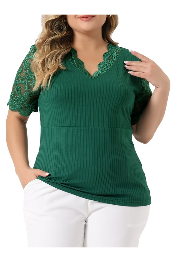 Unique Bargains Women's Plus Size Tops V Neck Elegant Lace Ribbed Knit Tunic Blouse 3X Green