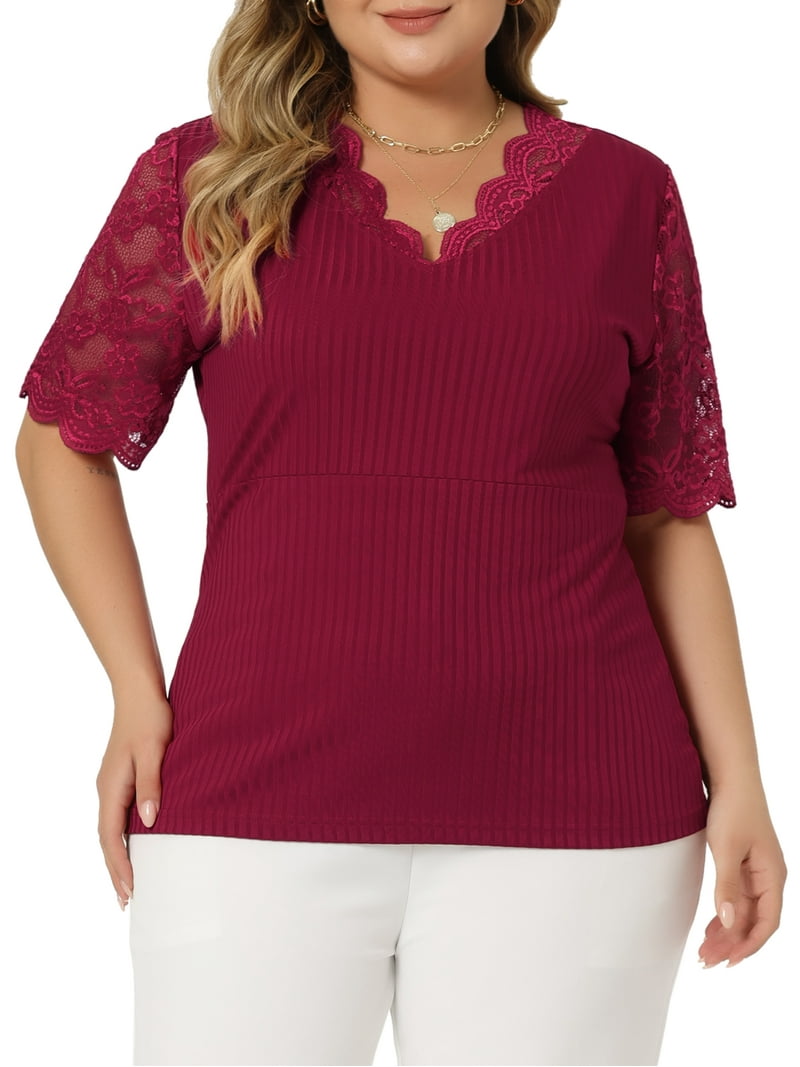 Unique Bargains Women's Plus Size Tops V Neck Elegant Lace Ribbed