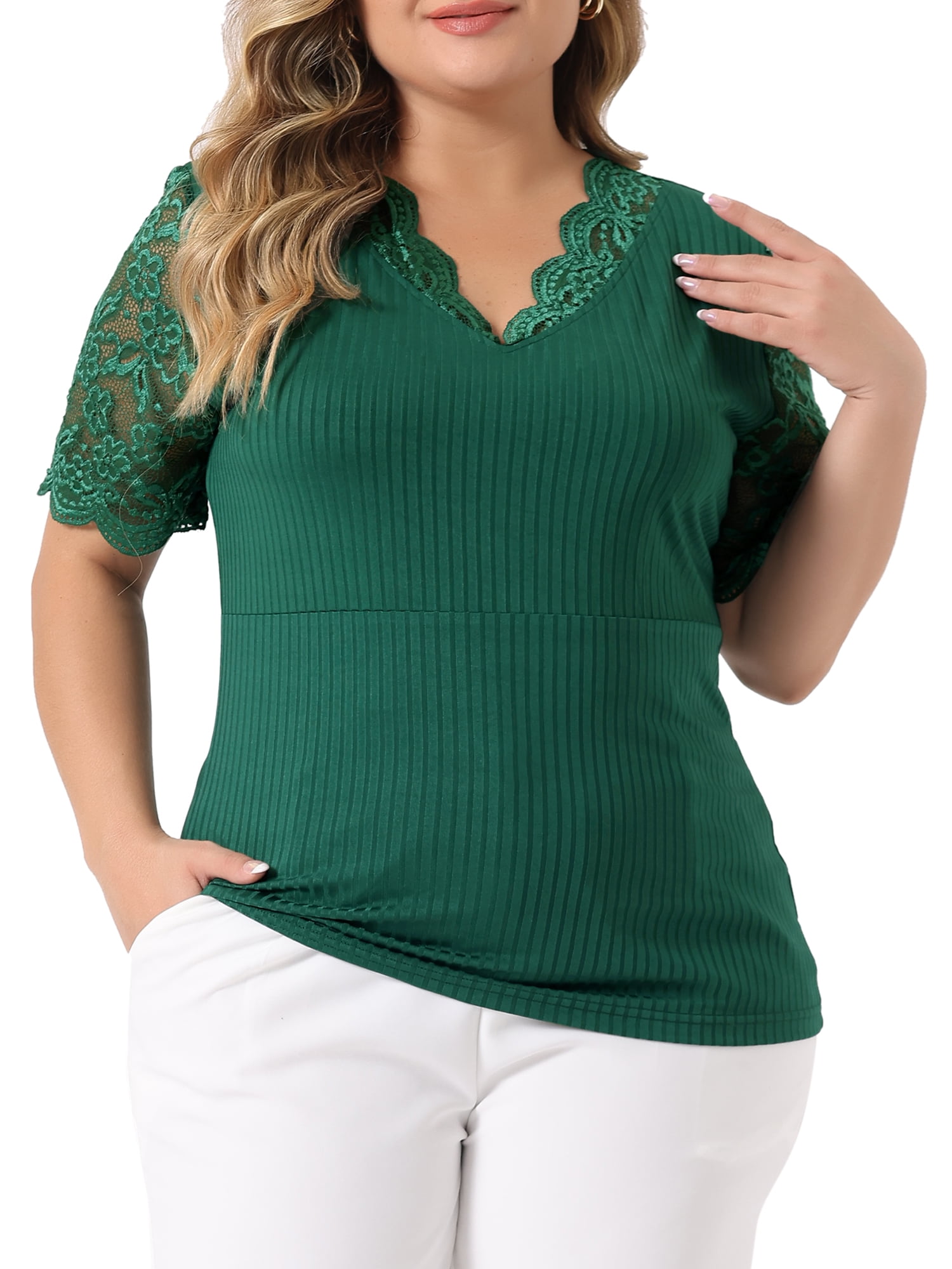 Unique Bargains Women's Plus Size Tops V Neck Elegant Lace Ribbed Knit Tunic Blouse 4X Green