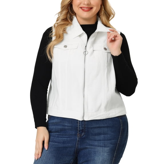 DARING DIVA Women's Plus Size Sleeveless Zip Up Button Down Jeans Vest 4X White