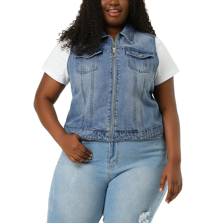 Unique Bargains Women's Plus Size Trucker Zipper Front Denim Jacket Vest 