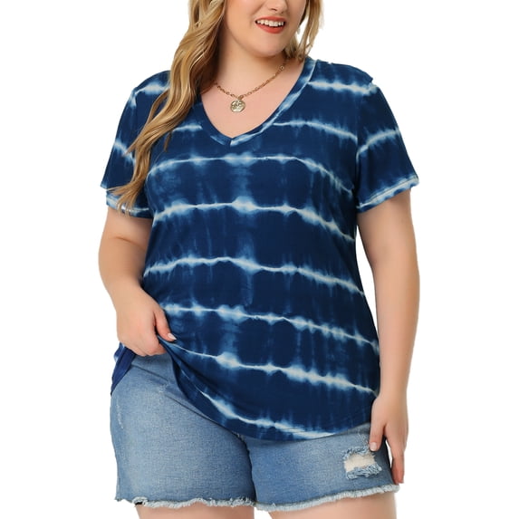 DARING DIVA Women's Plus Size V Neck Short Sleeve Tie Dye Tunic Top 1X Blue