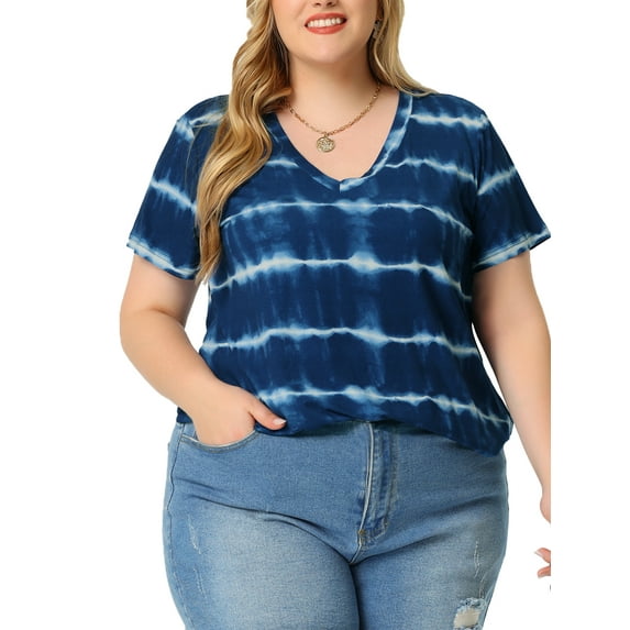 Unique Bargains Women's Plus Size Tshirts V Neck Short Sleeve Loose Tie Dye Tunic Tops 1X Blue