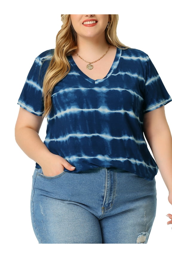 Women's Plus Size Tshirts V Neck Short Sleeve Loose Tie Dye Tunic Tops 1X Blue