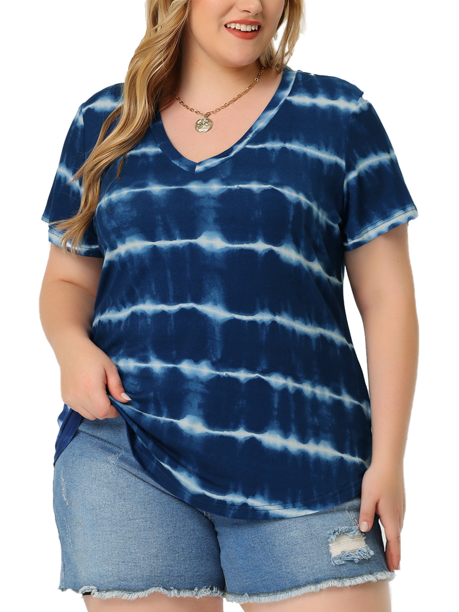 DARING DIVA Women's Plus Size V Neck Short Sleeve Tie Dye Tunic Top 4X Blue