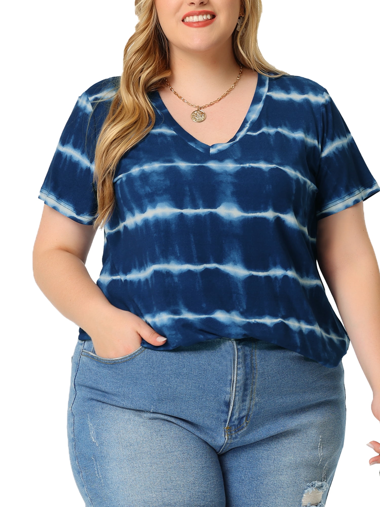 Unique Bargains Women's Plus Size Tshirts V Neck Short Sleeve Loose Tie ...