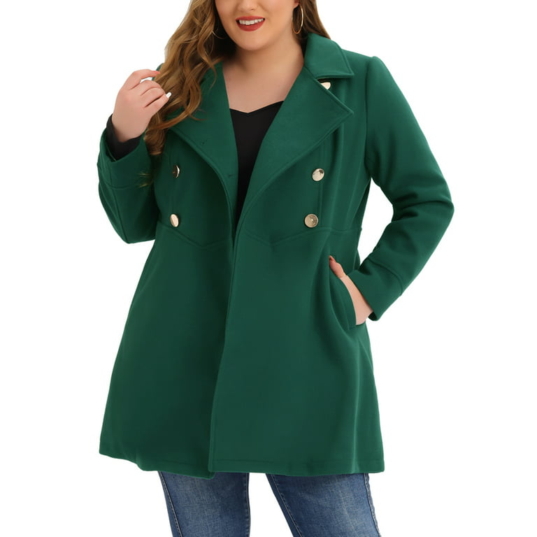 Unique Bargains Women's Plus Size Turn Down Collar Double Breasted A Line  Coat
