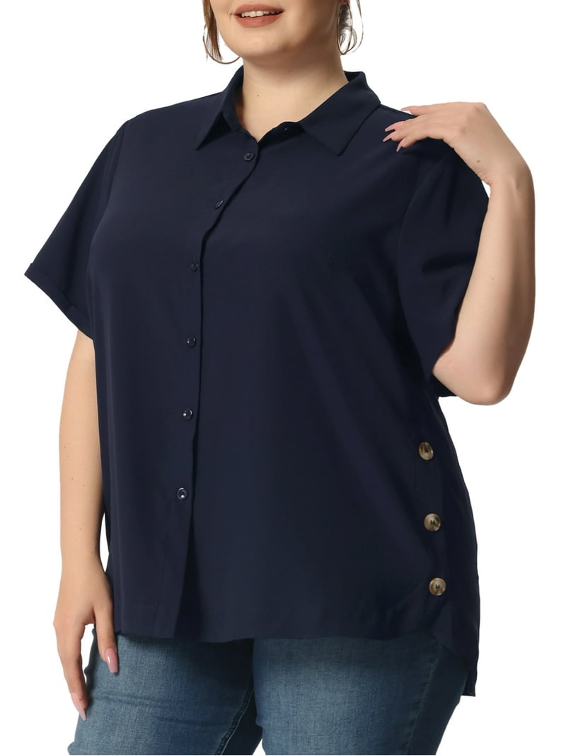 Unique Bargains Women's Plus Size Turndown Collar Short Sleeve