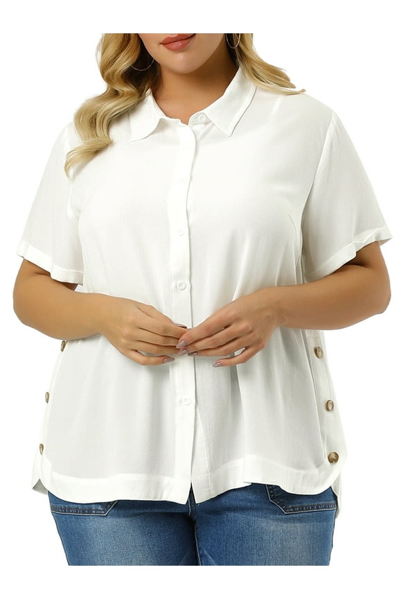 Women's Plus Size Turndown Collar Short Sleeve Side Slit Shirt 1X White