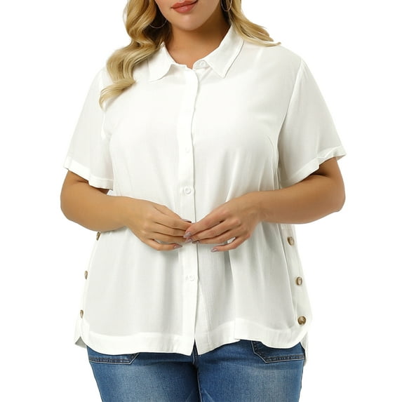 Unique Bargains Women's Plus Size Turndown Collar Short Sleeve Side Slit Shirt 2X White