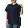 thumbnail image 1 of Unique Bargains Women's Plus Size Turndown Collar Short Sleeve Side Slit Shirt 4X Navy Blue, 1 of 6