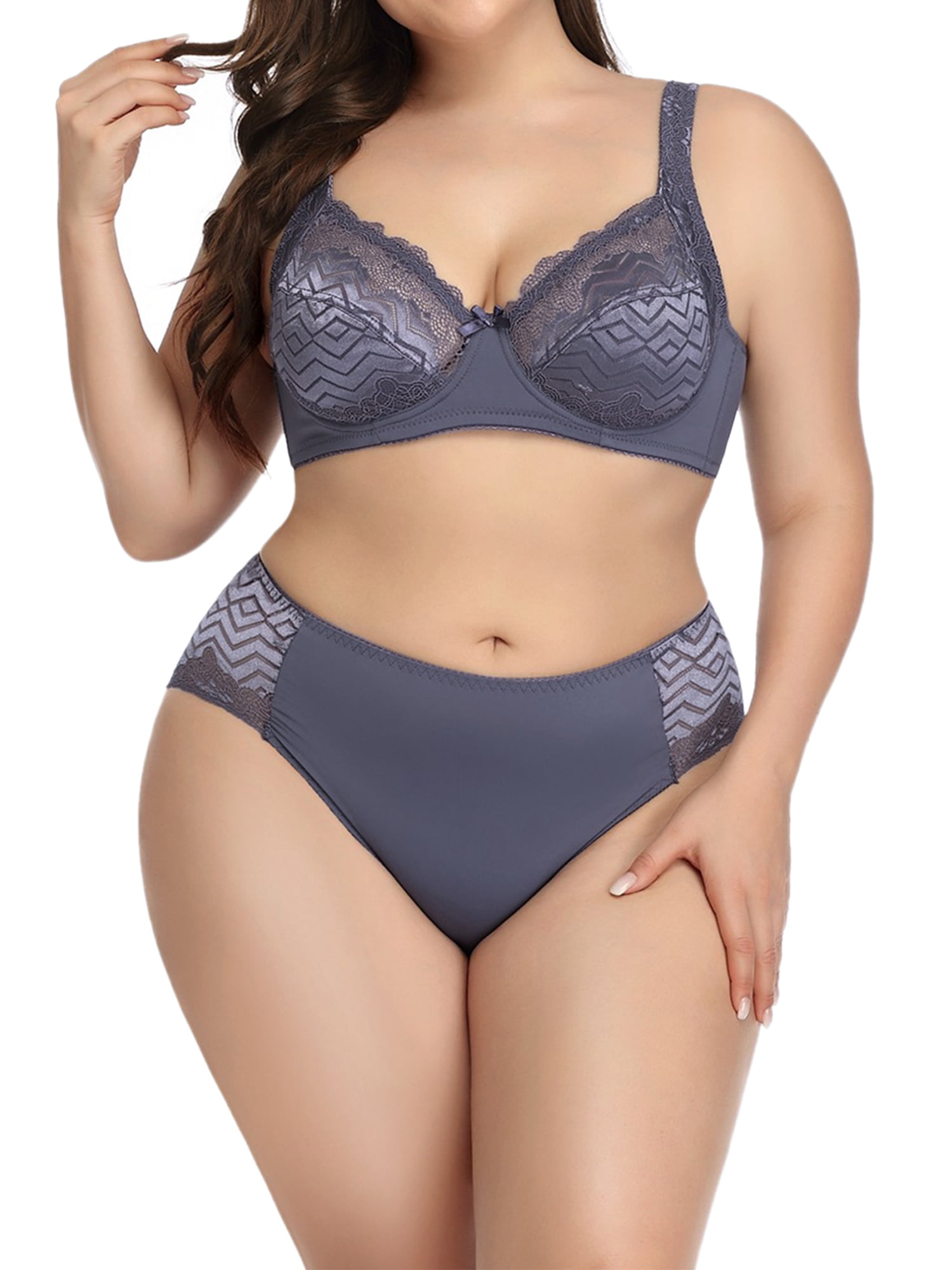 Unique Bargains Women's Plus Size Underwire Lace Trim Adjustable Straps Bra and Panty Set 42C Light Gray