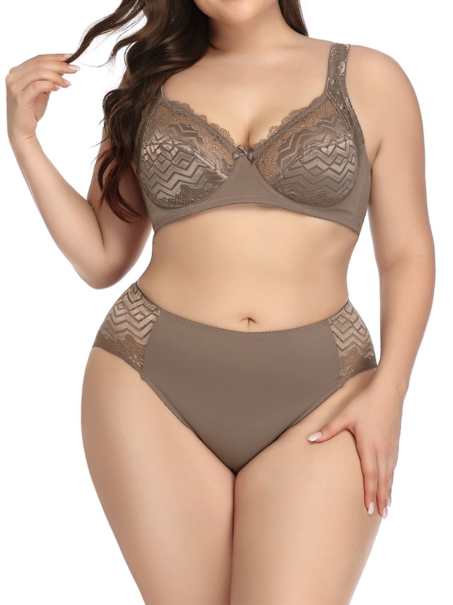 Unique Bargains Women's Plus Size Underwire Lace Trim Adjustable Straps Bra and Panty Set 44C Brown