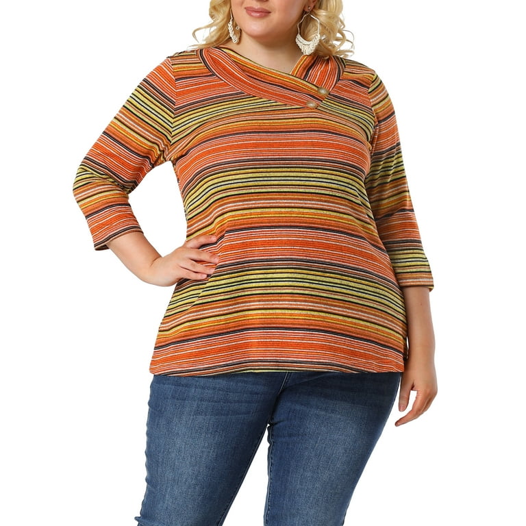 Unique Bargains Women's Plus Size V Neck 3/4 Sleeve Tops Stripe