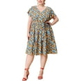 thumbnail image 1 of Unique Bargains Women's Plus Size V Neck Elastic Waist Ruffle Summer Floral Midi Dress 1X Beige, 1 of 6