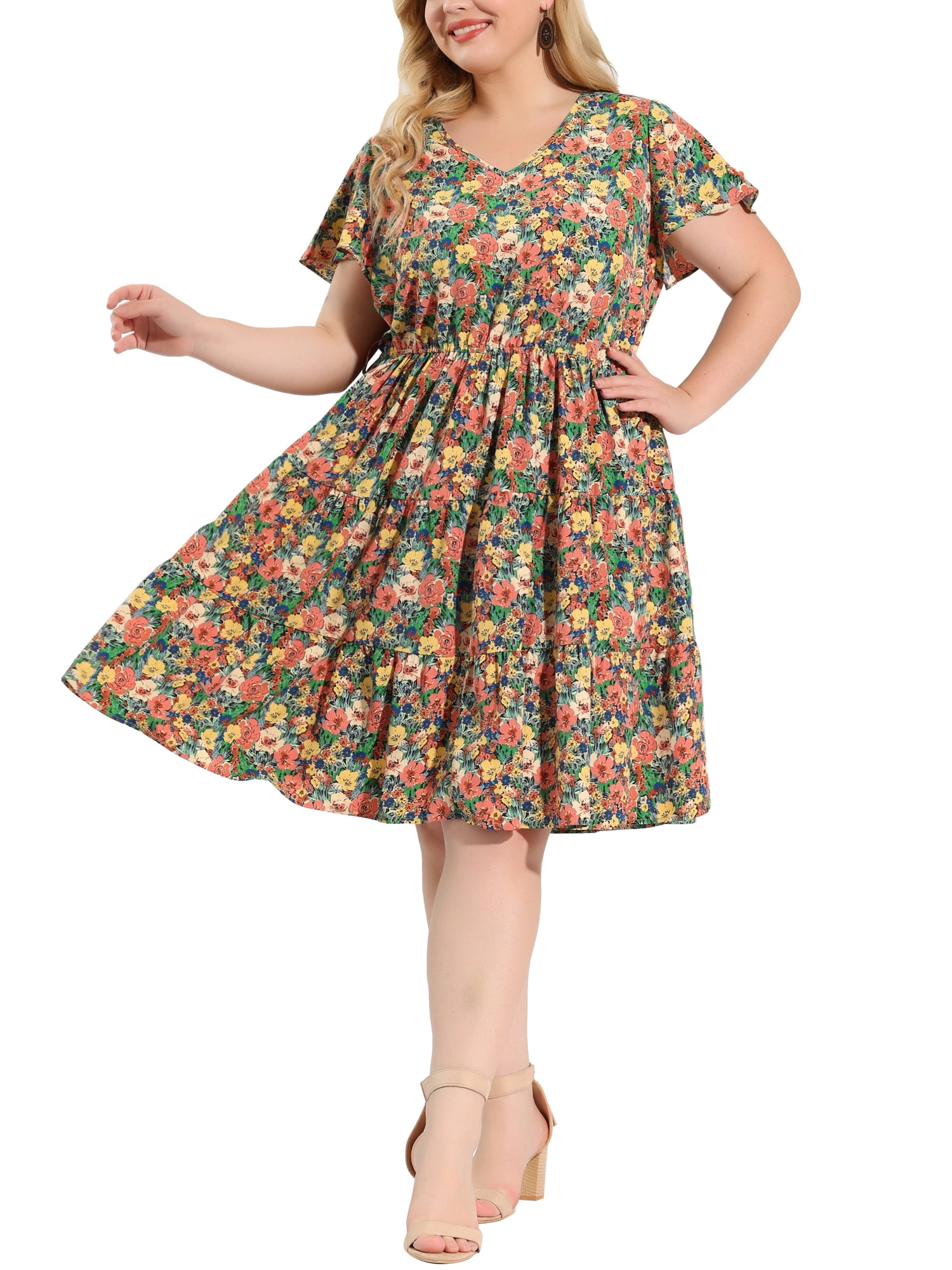 Full Size Floral V-Neck Casual Midi Dress Plus Size
