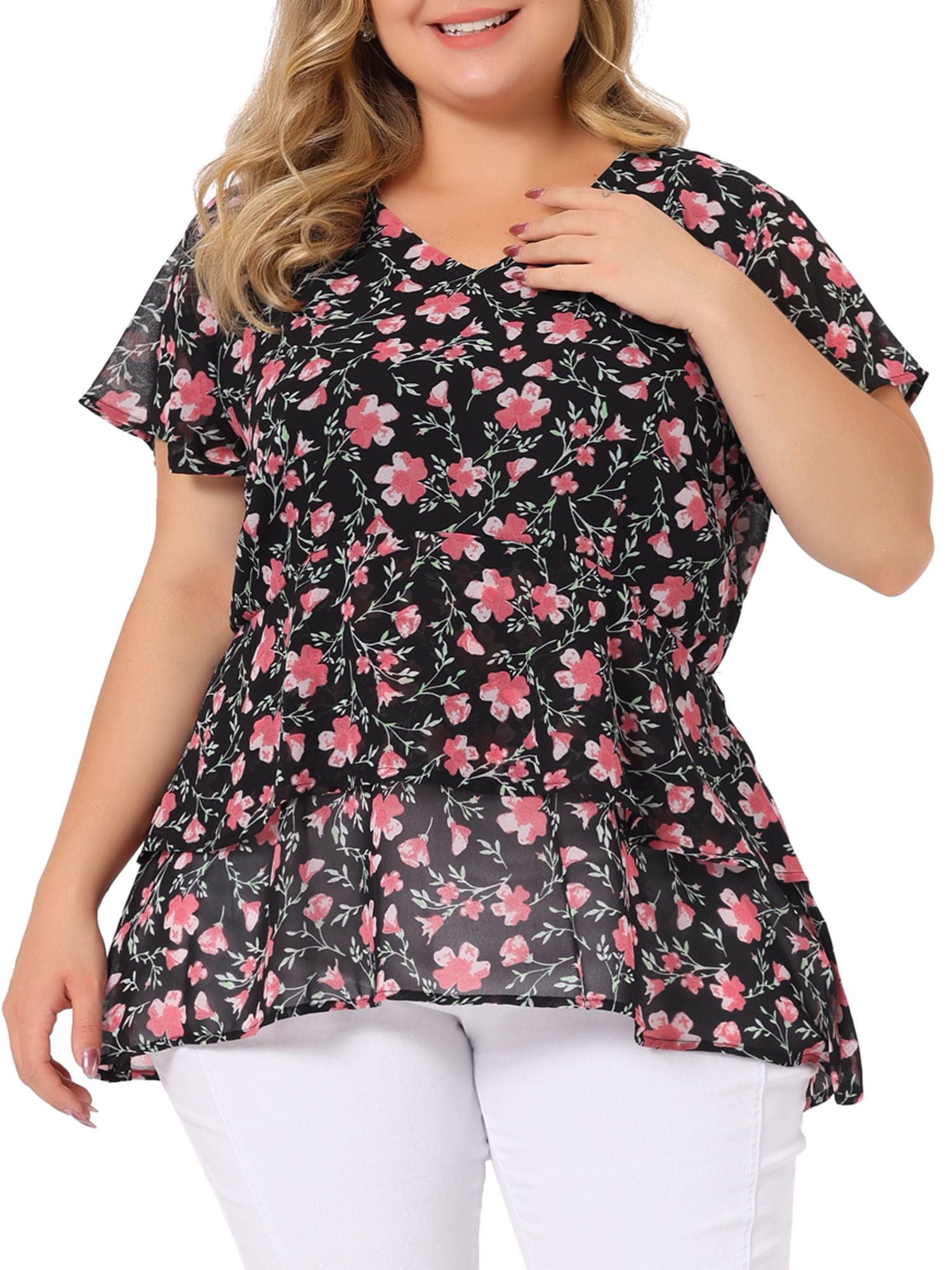Unique Bargains Women's Plus Size V Neck Flare Floral Print Sleeve Tiered Peplum Top