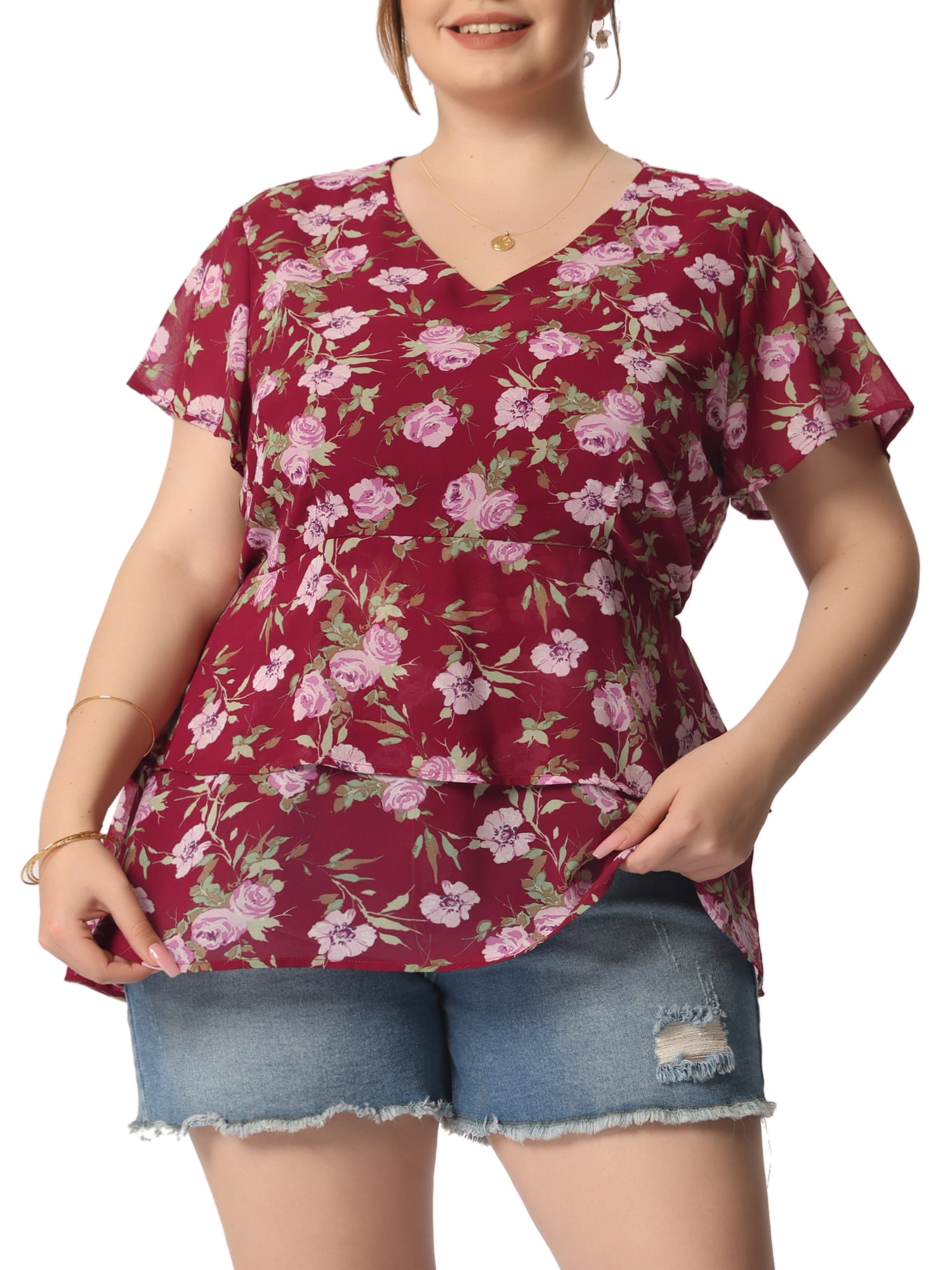 Unique Bargains Women's Plus Size V Neck Flare Floral Print Sleeve ...