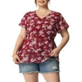 thumbnail image 1 of Unique Bargains Women's Plus Size V Neck Flare Floral Print Sleeve Tiered Peplum Top, 1 of 6