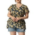 thumbnail image 1 of Unique Bargains Women's Plus Size V Neck Flare Floral Print Sleeve Tiered Peplum Top, 1 of 6