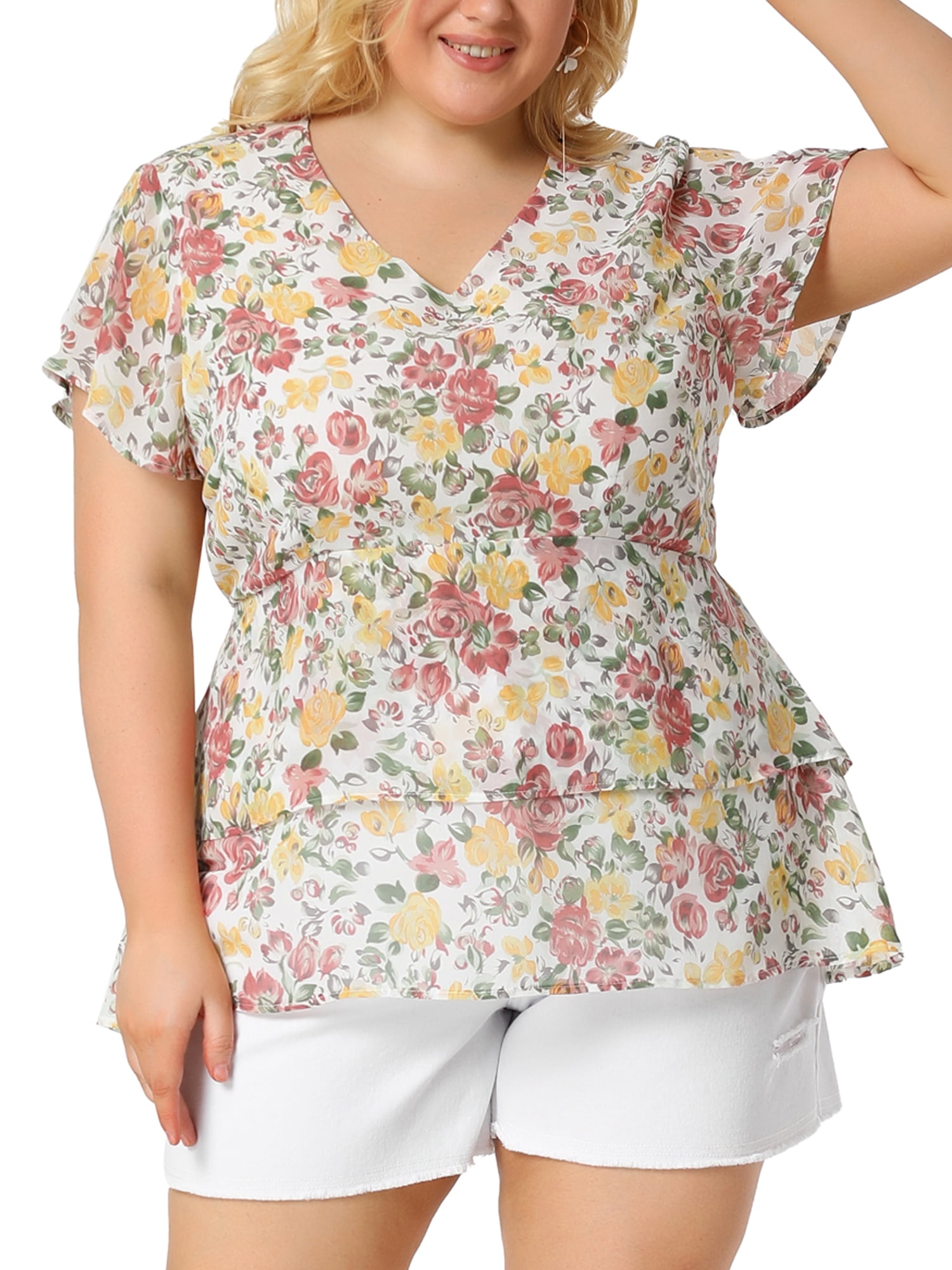 Unique Bargains Women's Plus Size V Neck Flare Floral Print Sleeve Tiered Peplum Top