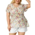 thumbnail image 1 of Unique Bargains Women's Plus Size V Neck Flare Floral Print Sleeve Tiered Peplum Top, 1 of 8