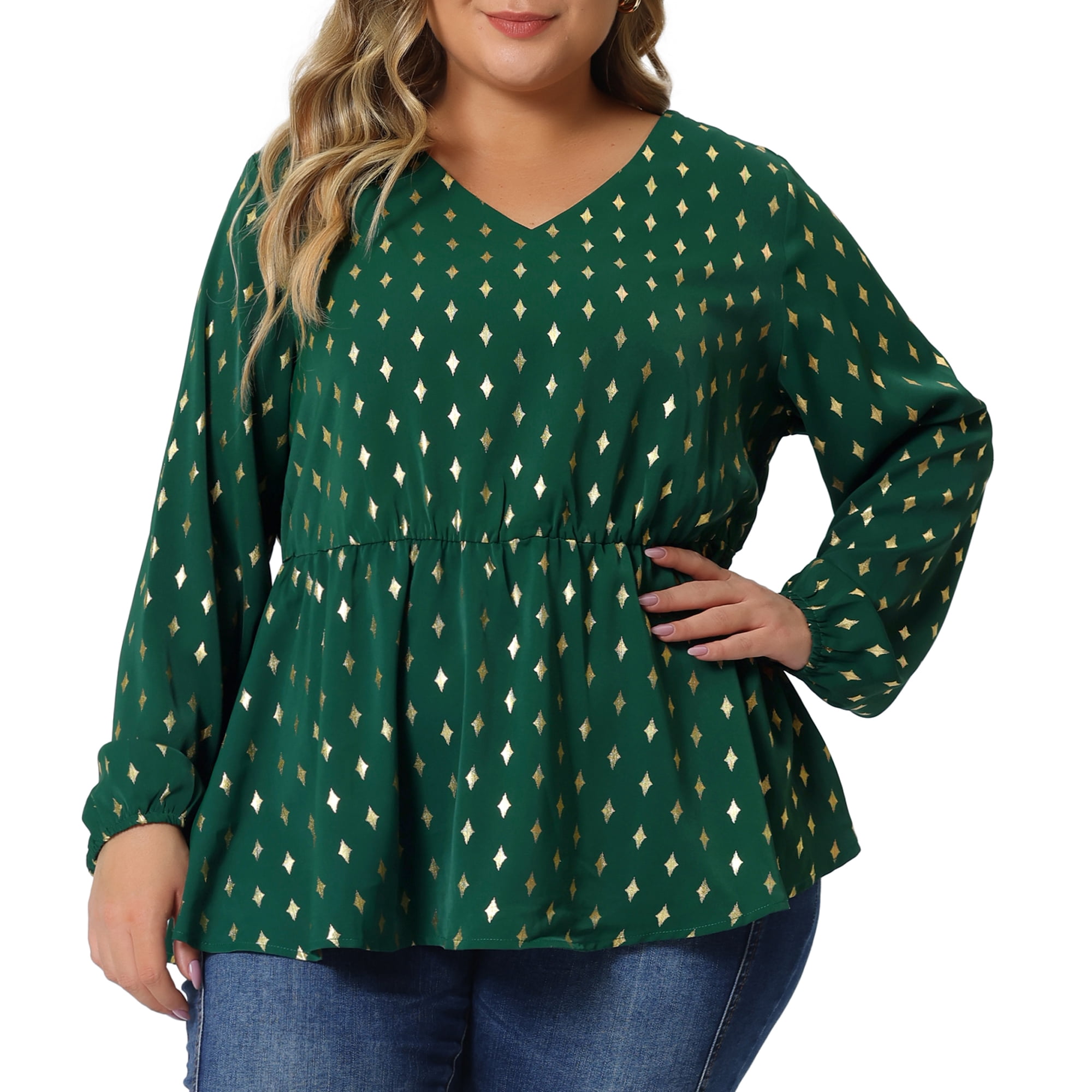 Women's Plus Long Sleeve V Neck Peplum Top Ruffled Elastic Waist Blouse 1X Dark Green