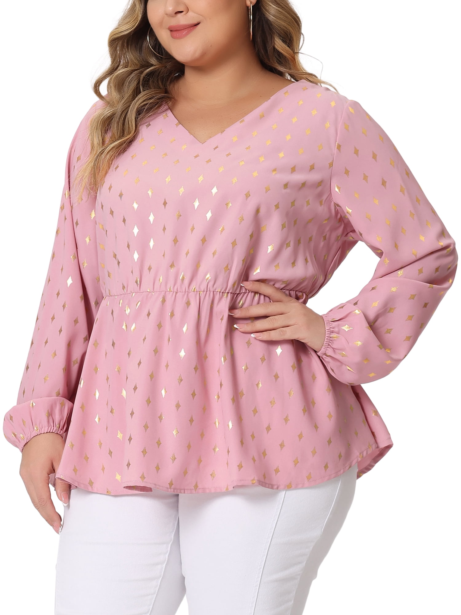 Women's Plus Long Sleeve V Neck Peplum Top Ruffled Elastic Waist Blouse 3X Pink