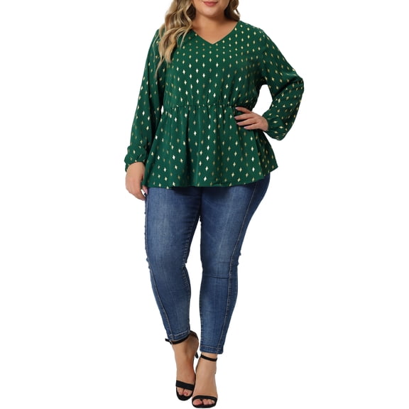 Unique Bargains Women's Plus Size V Neck Geometric Print Ruffled Elastic Waist Tunic Tops 4X Dark Green