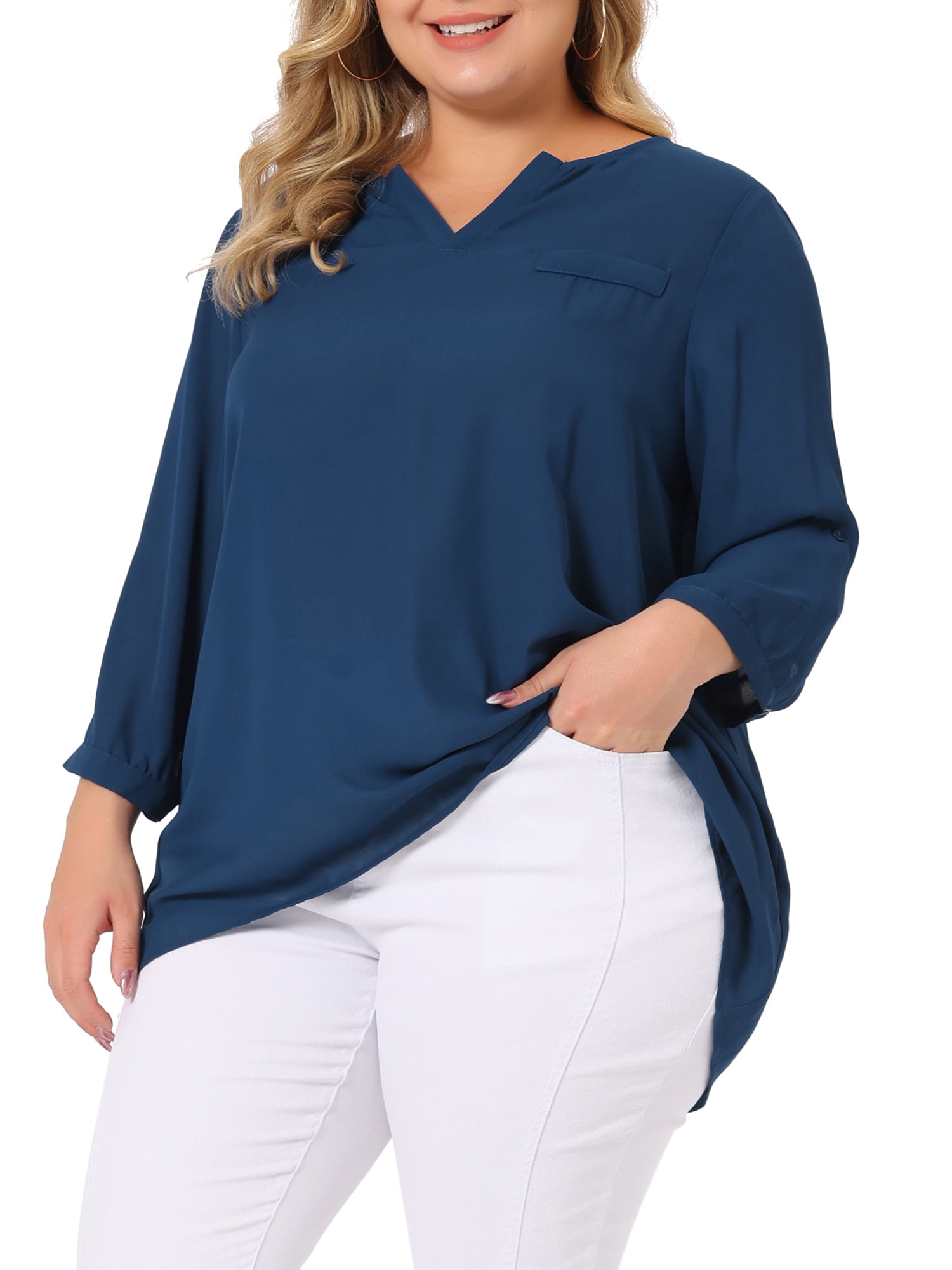 Unique Bargains Women's Plus Size V Neck High Elbow Sleeves Blouse 1X Blue