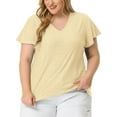 thumbnail image 1 of Unique Bargains Women's Plus Size V Neck Hollow Flare Short Sleeve Tops Tshirts 4X Yellow, 1 of 6