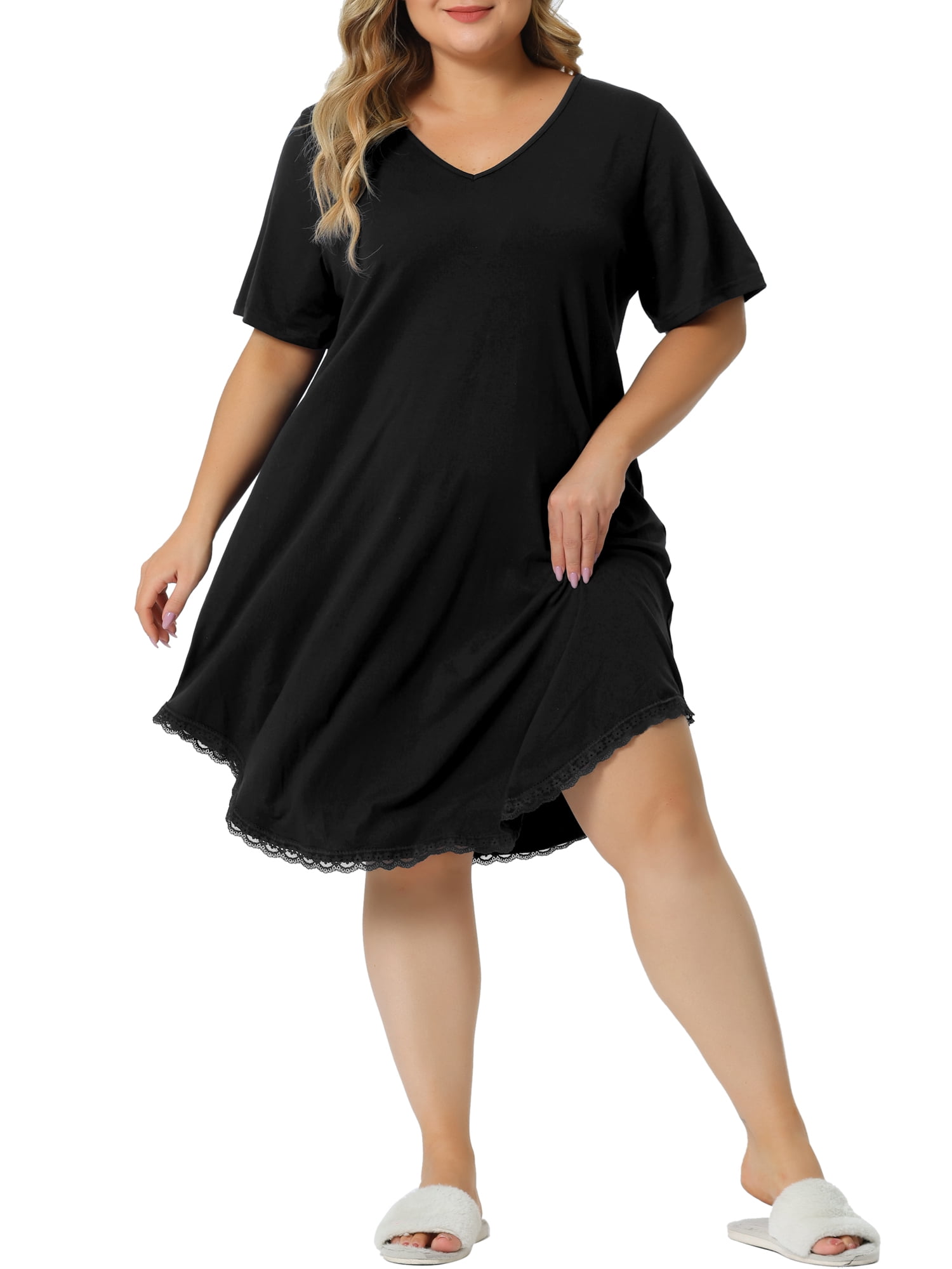 Unique Bargains Women's Plus Size V Neck Lace Trim Hem Loose Nightgown Sleepwear Pajamas 2X Black