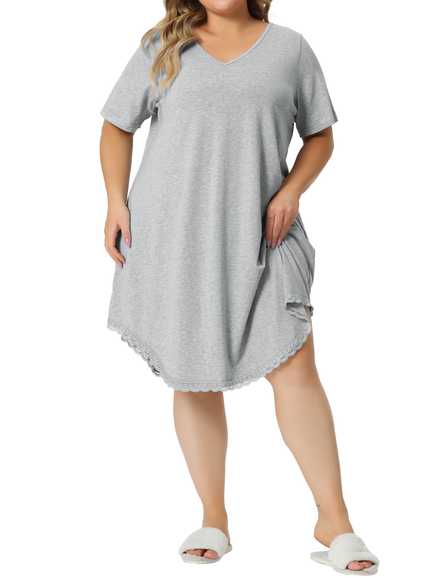 Unique Bargains Women's Plus Size V Neck Lace Trim Hem Loose Nightgown Sleepwear Pajamas 2X Light Gray