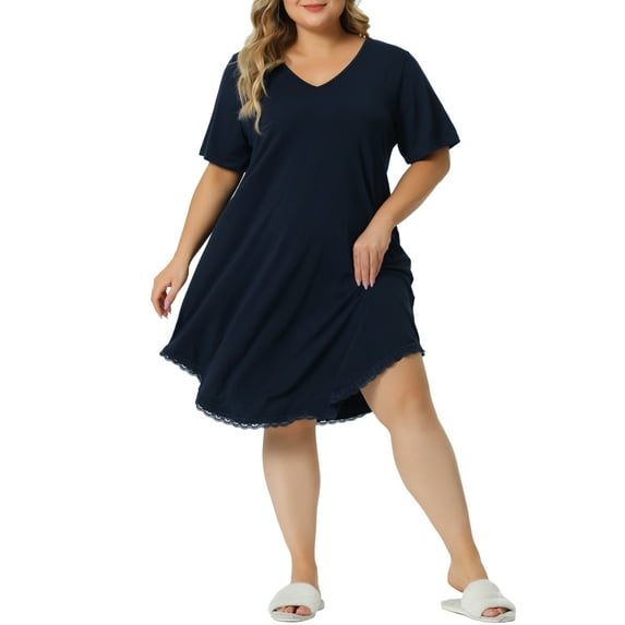 Unique Bargains Women's Plus Size V Neck Lace Trim Hem Loose Nightgown Sleepwear Pajamas 1X Royal Blue