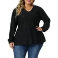 thumbnail image 1 of Unique Bargains Women's Plus Size V Neck Long Sleeve Hollow Blouse Tunic Tops 1X Black, 1 of 6