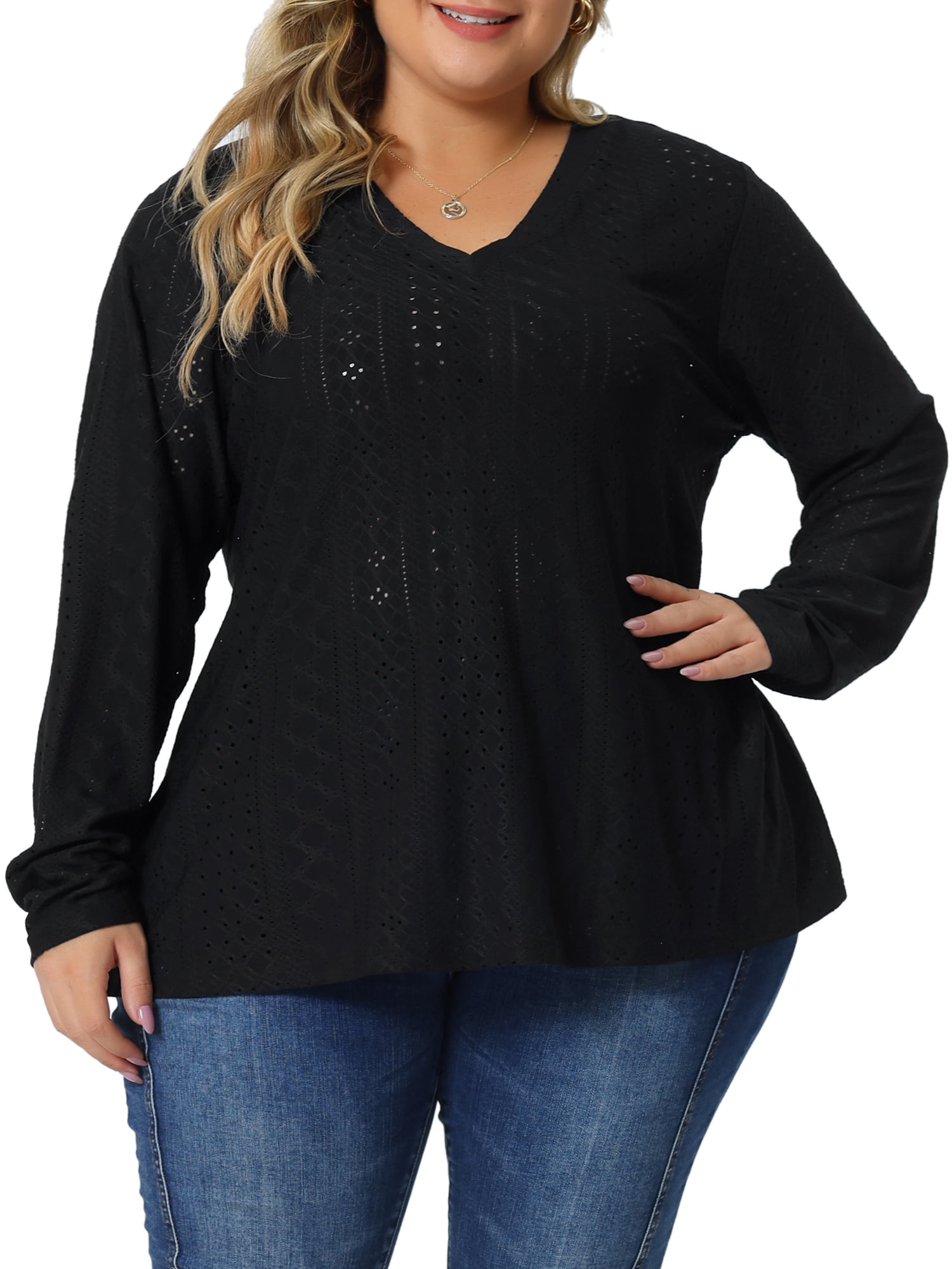Unique Bargains Women's Plus Size V Neck Long Sleeve Hollow Blouse Tunic Tops 4X Black