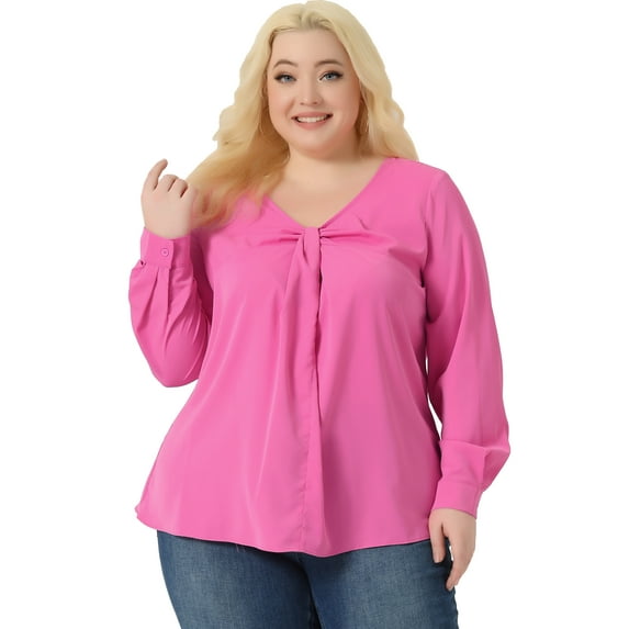 Unique Bargains Women's Plus Size V Neck Loose Long Sleeve Twist Knot Top 1X Hot Pink