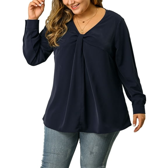 Unique Bargains Women's Plus Size V Neck Loose Long Sleeve Twist Knot Top 3X Dark Blue