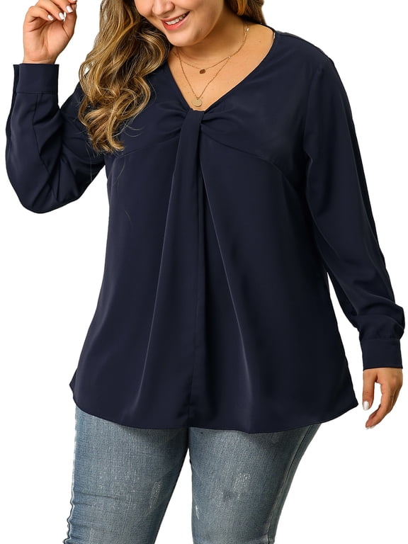 Women's Plus Size V Neck Loose Long Sleeve Twist Knot Top 3X Dark Blue