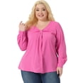 thumbnail image 1 of Unique Bargains Women's Plus Size V Neck Loose Long Sleeve Twist Knot Top 4X Hot Pink, 1 of 5