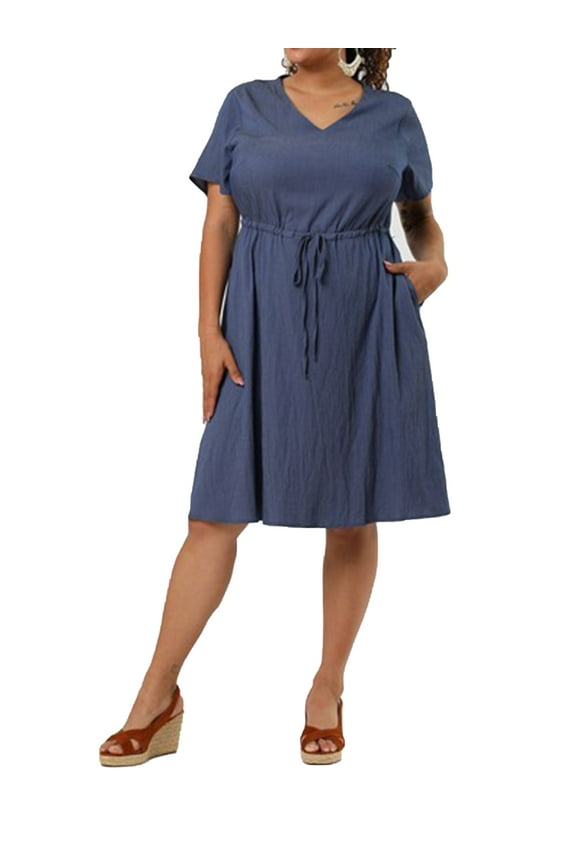 Women's Plus Size V Neck Short Sleeve Chambray Denim Dresses 2X Dark Blue