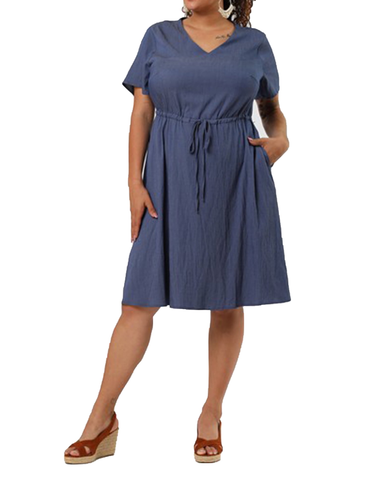 Unique Bargains Women's Plus Size V Neck Short Sleeve Chambray Denim Dresses 4X Dark Blue
