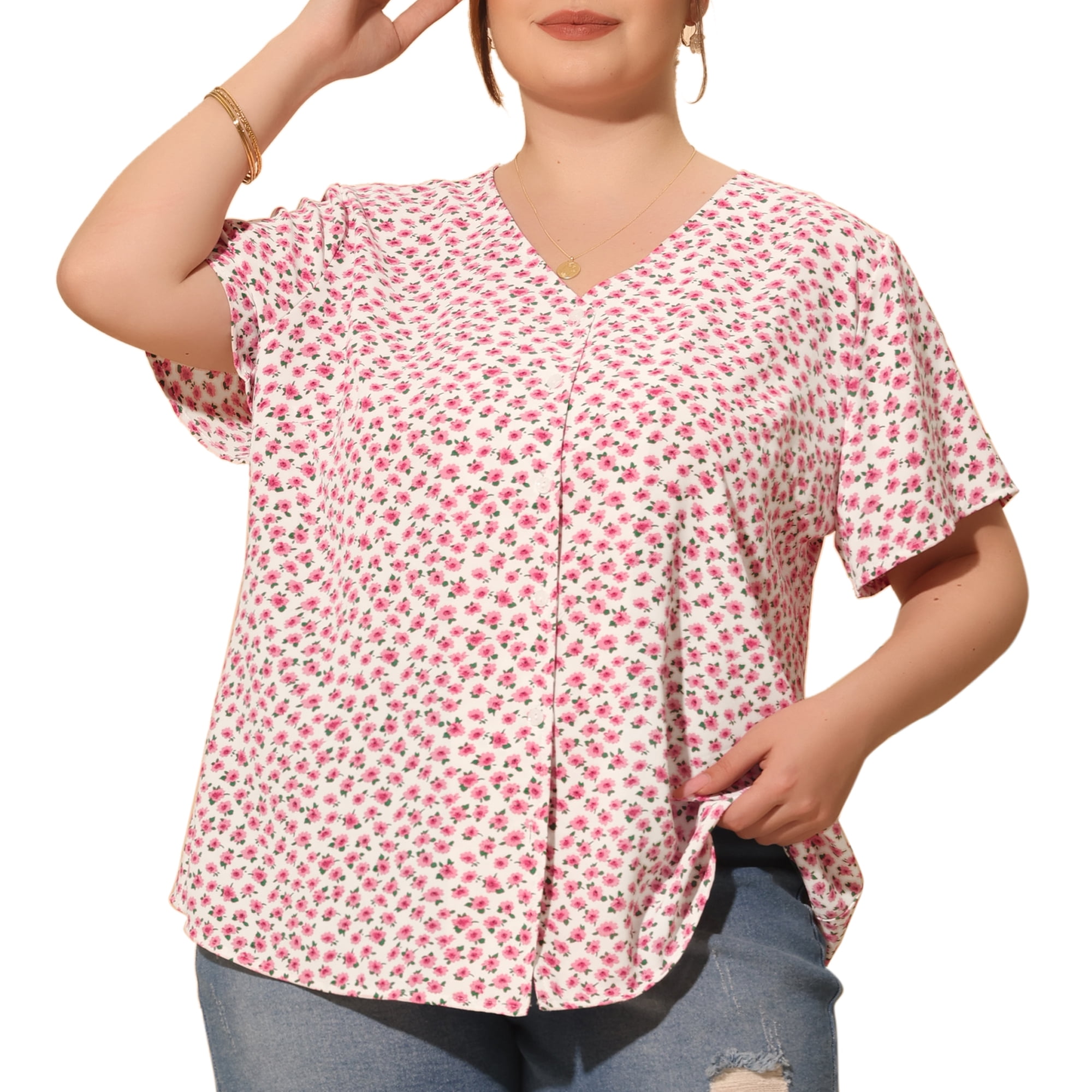 Unique Bargains Women's Plus Size V Neck Button Short Sleeve Floral Shirts 3X Pink