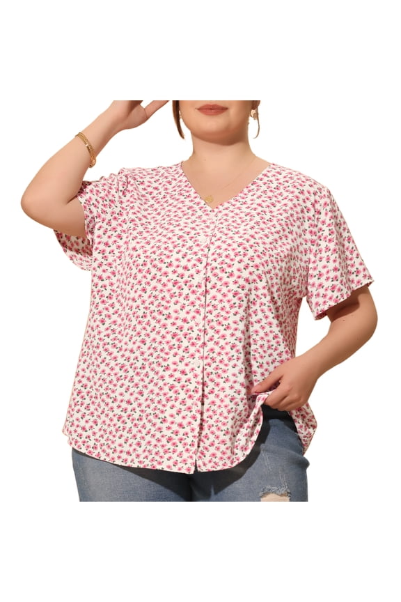 Women's Plus Single Breasted Short Sleeve Floral Tops 4X Pink
