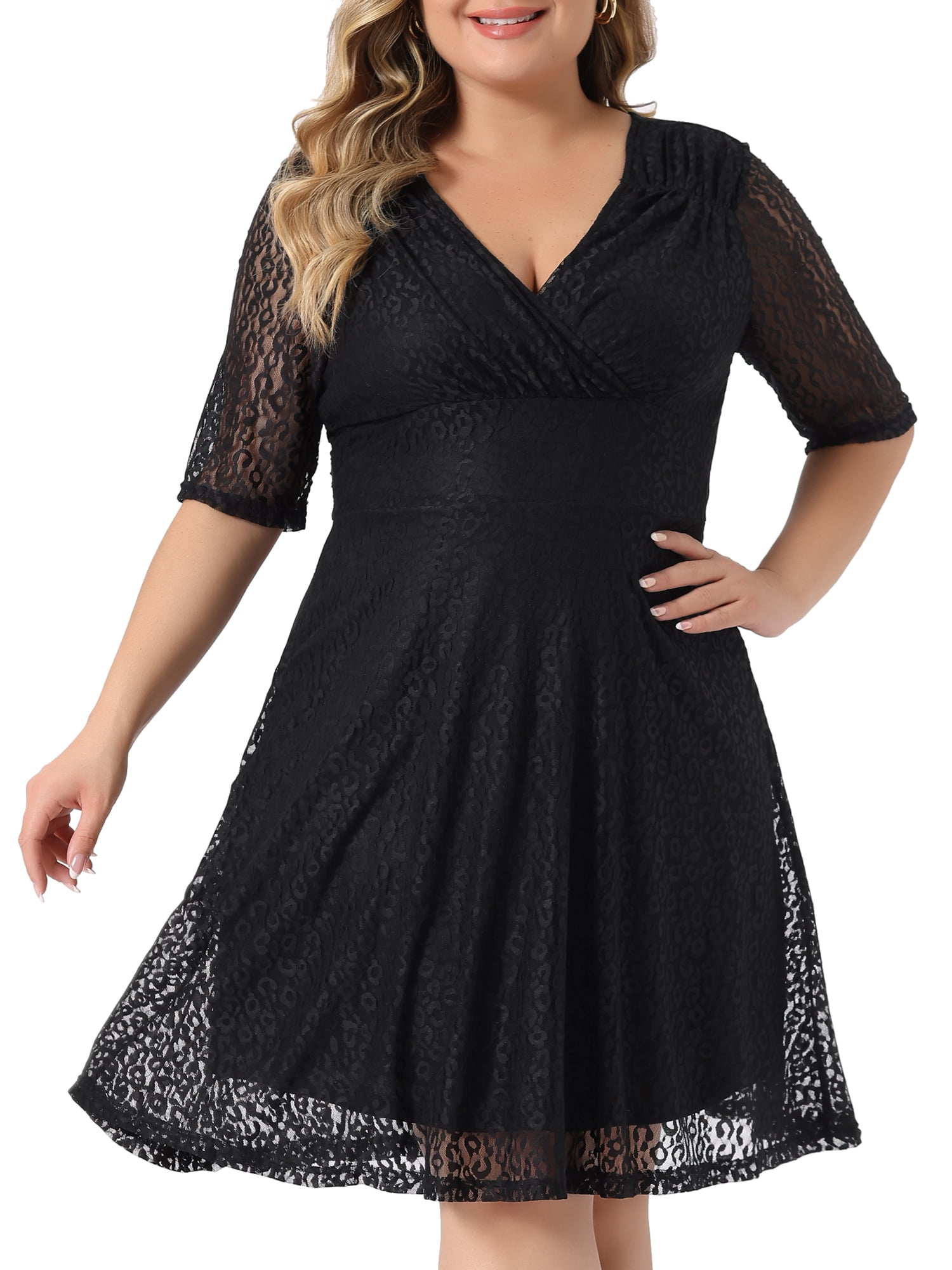 DARING DIVA V Neck Swing A-Line Cocktail Wedding Midi Lace Dress 1X Black